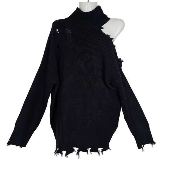 Signature8 Black Ripped Distressed Rib Knit Cold Shoulder Turtleneck Sweater S - Picture 1 of 14
